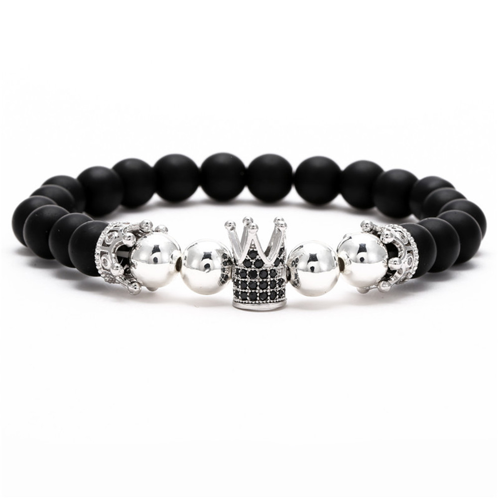 Black Frosted & Copper Beads Iced Out Crown Bracelet Silver - Image 3