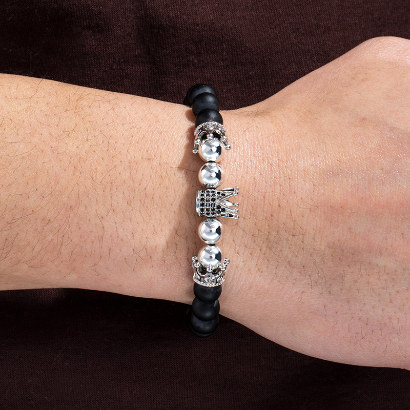 Black Frosted & Copper Beads Iced Out Crown Bracelet Silver - Image 4
