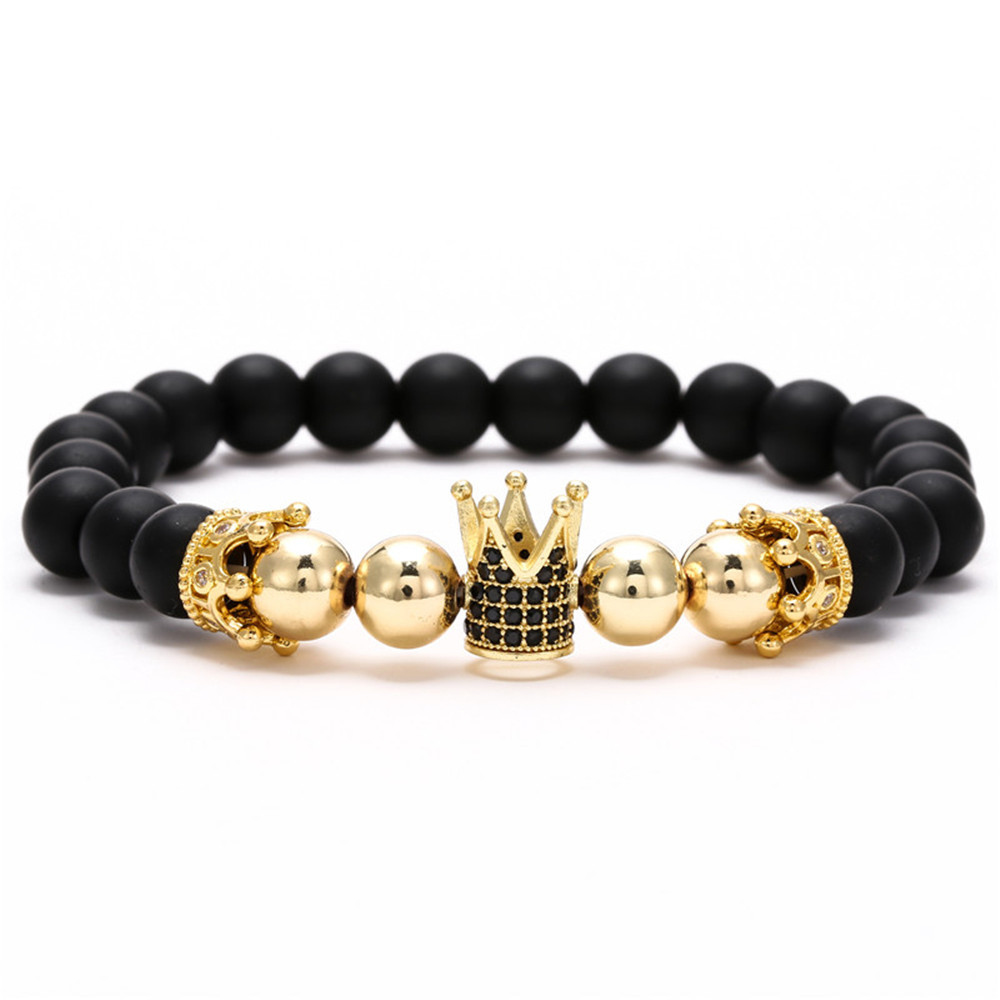 Black Frosted & Copper Beads Iced Out Crown Bracelet Silver - Image 5