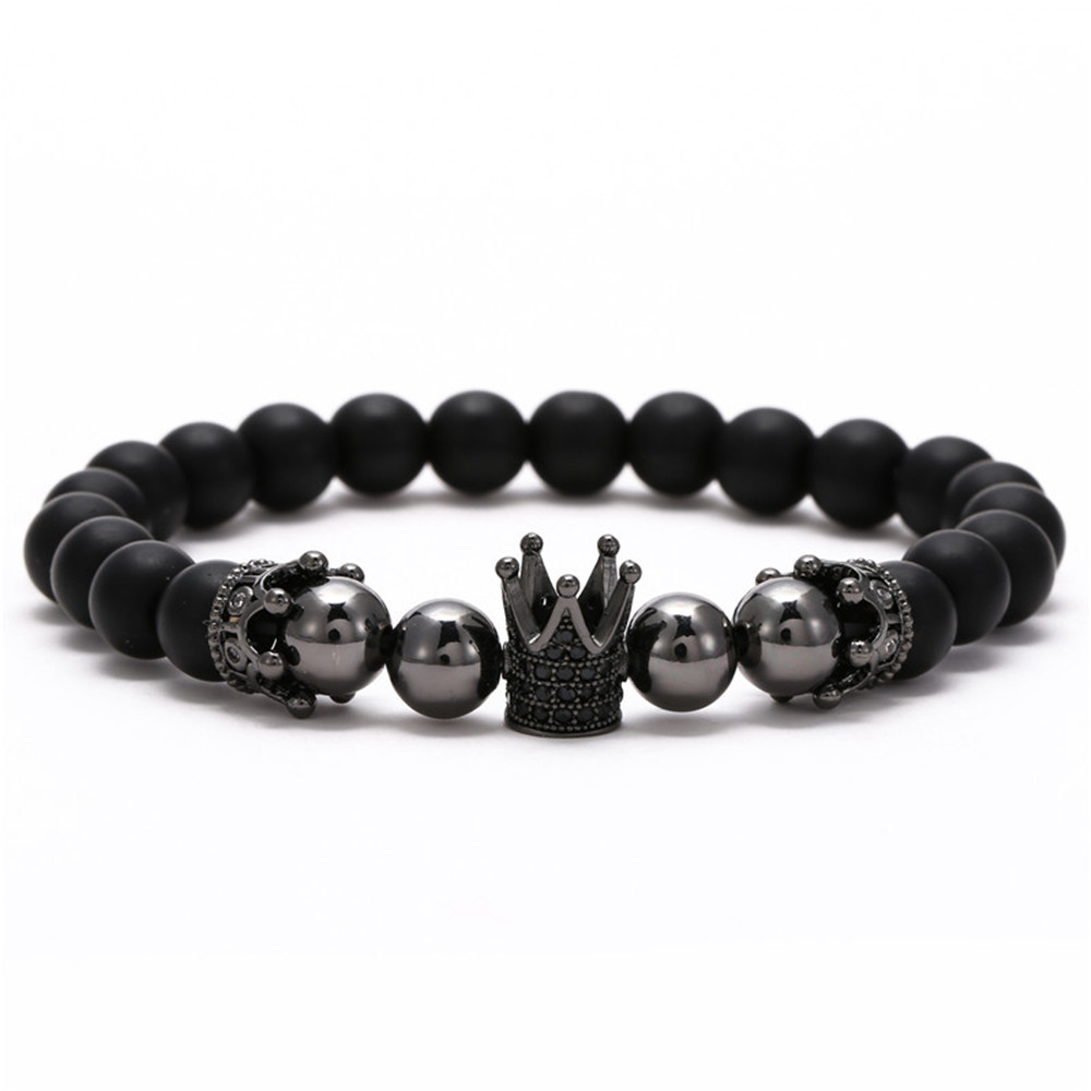 Black Frosted & Copper Beads Iced Out Crown Bracelet Silver - Image 6