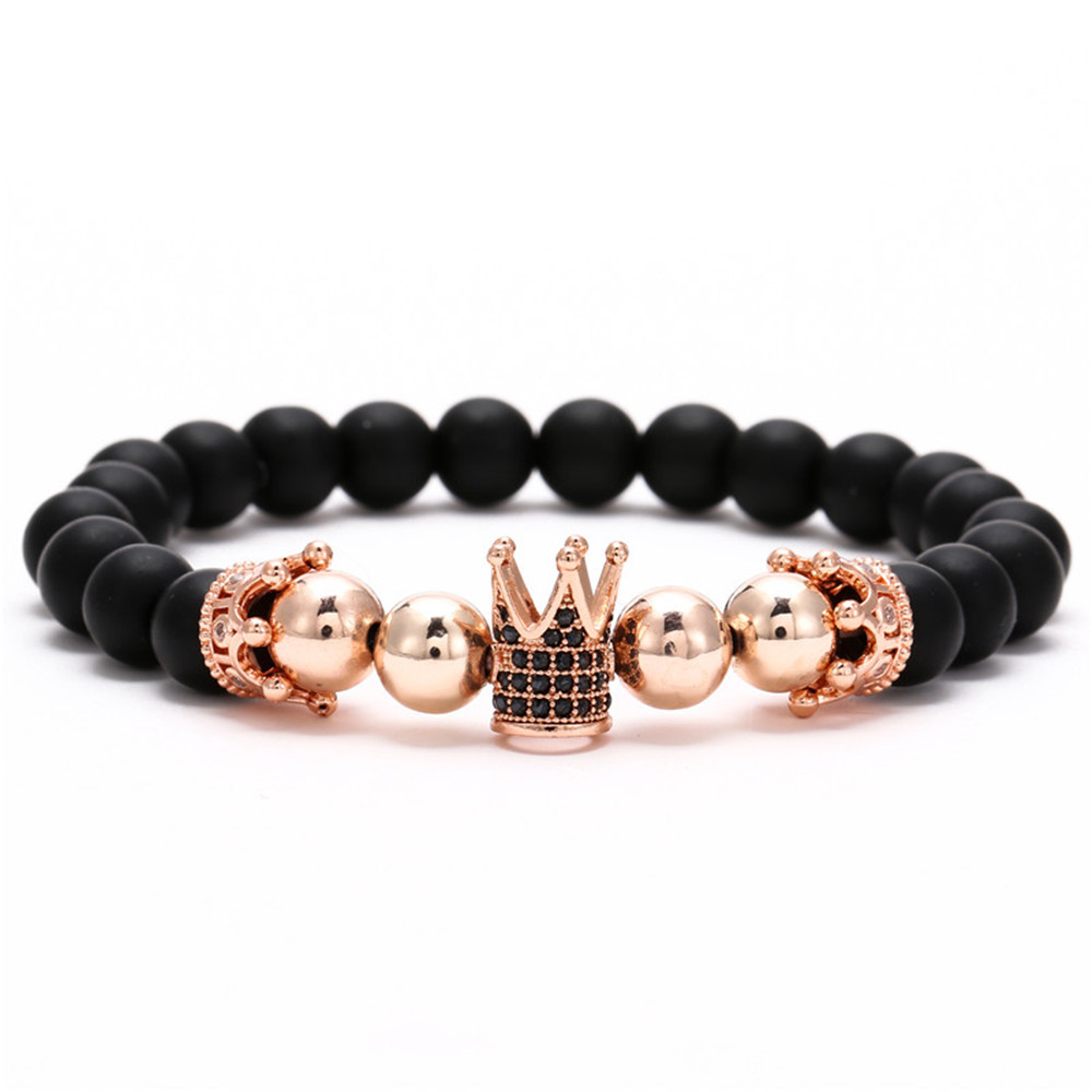 Black Frosted & Copper Beads Iced Out Crown Bracelet Silver - Image 7