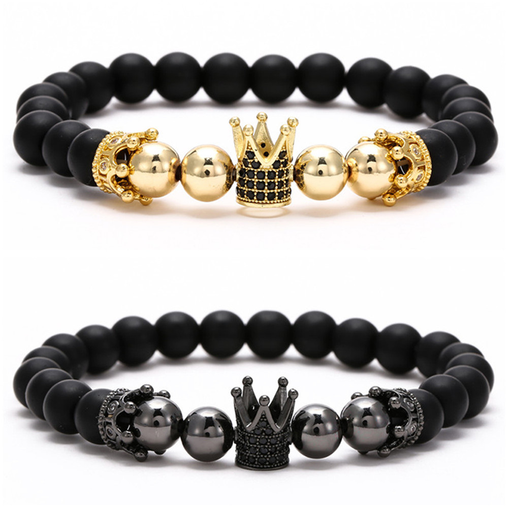 Black Frosted & Copper Beads Iced Out Crown Bracelet Silver - Image 8