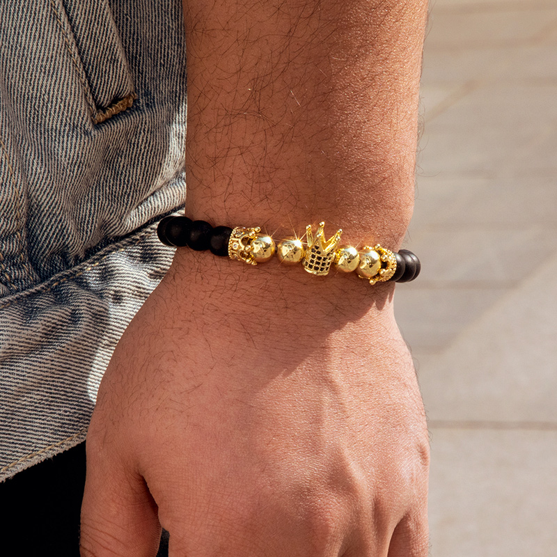 Black Frosted & Copper Beads Iced Out Crown Bracelet Silver