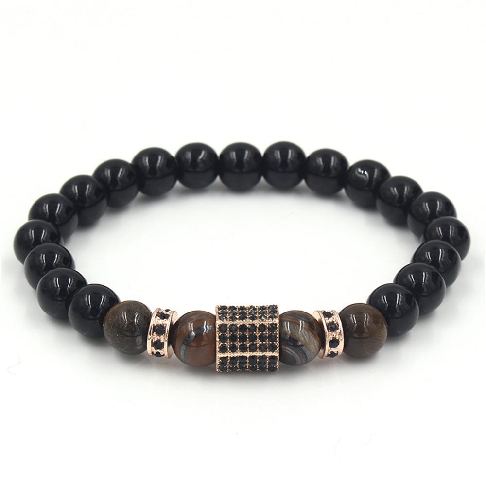 Street Luxury 8mm Black Agate And Tiger Eyes Polygon Charm Beads Bracelet - Image 5