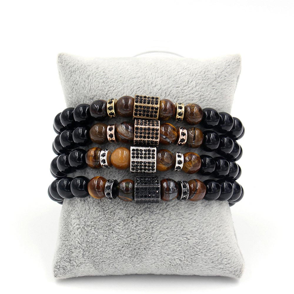 Street Luxury 8mm Black Agate And Tiger Eyes Polygon Charm Beads Bracelet - Image 6