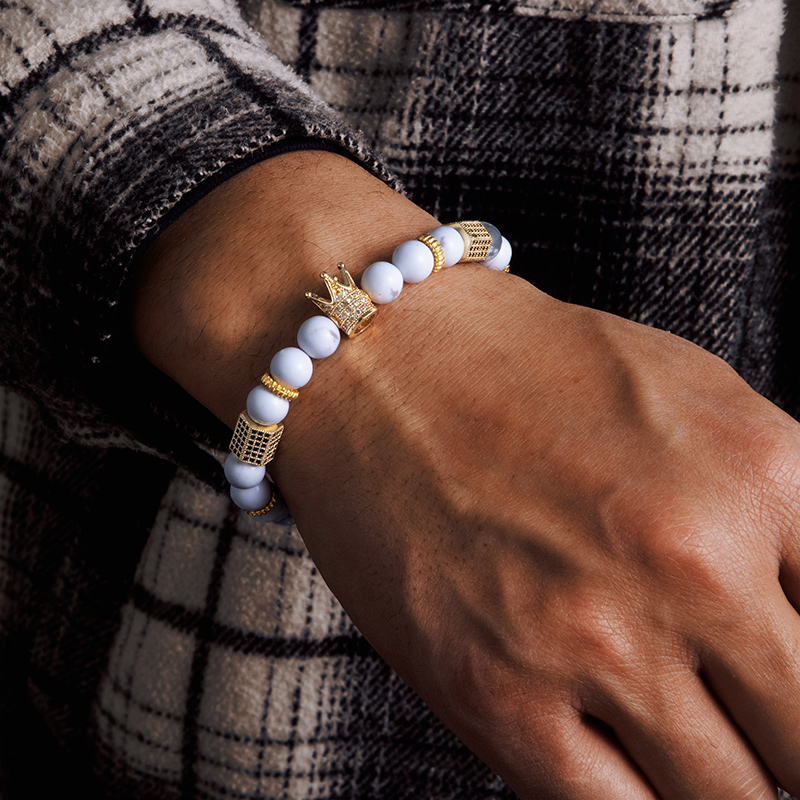 White/blue Turquoise Beads With Iced Out Crown Bracelet Silver