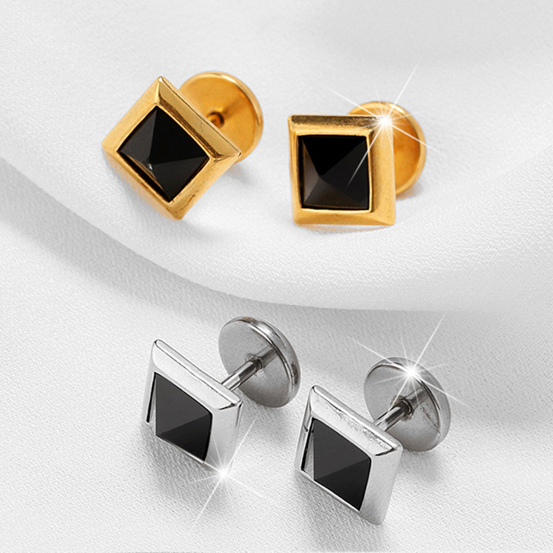 Square Black Stone Stud Earrings Bold Statement Style With Street Luxury - Image 3