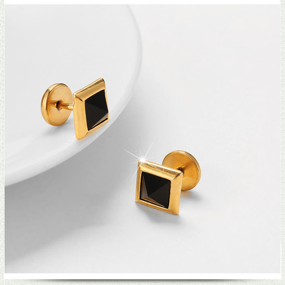 Square Black Stone Stud Earrings Bold Statement Style With Street Luxury - Image 4