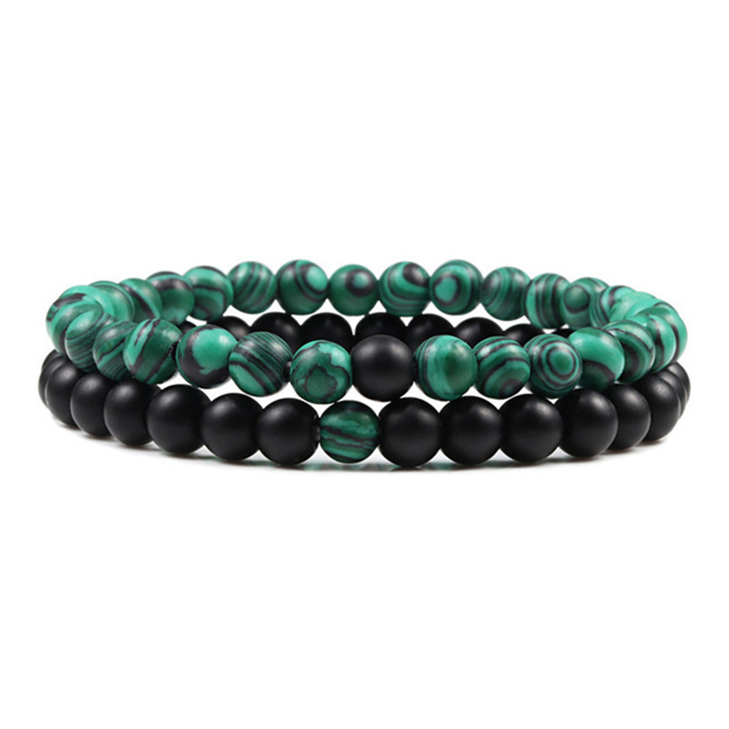 2pcs Malachite Turquoise Black Frosted Beads Bracelet Silver
