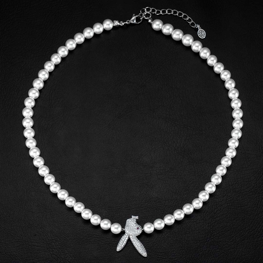 Iced Out Upside Down Bunny Pearl Necklace Gold With Street Luxury Shine - Image 3