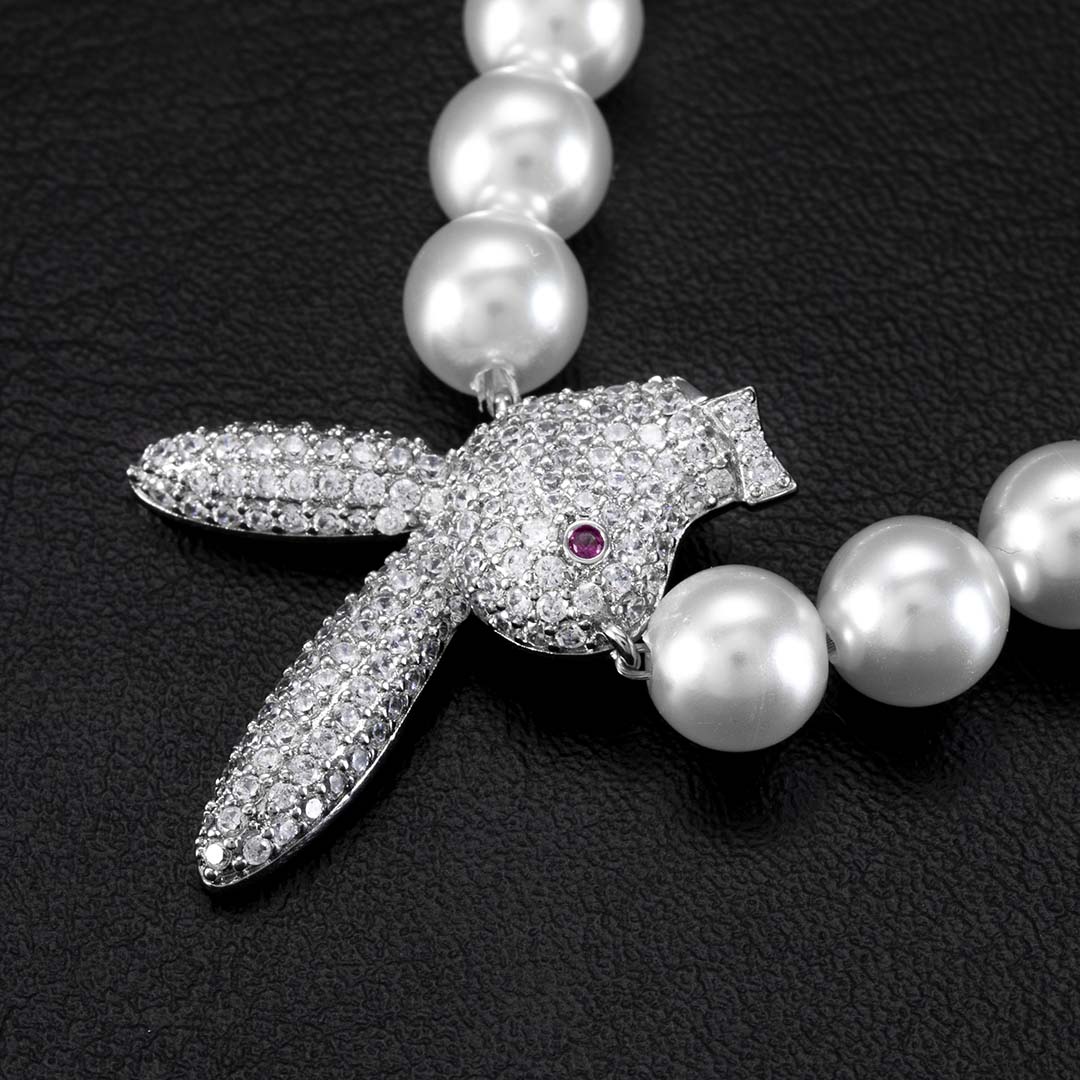 Iced Out Upside Down Bunny Pearl Necklace Gold With Street Luxury Shine - Image 4