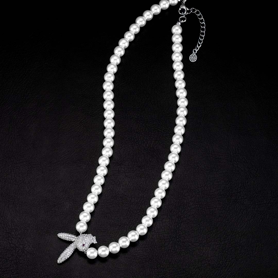 Iced Out Upside Down Bunny Pearl Necklace Gold With Street Luxury Shine - Image 5