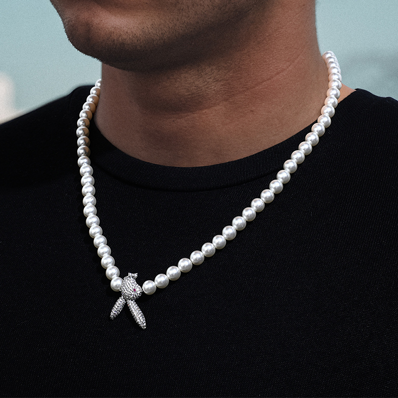 Iced Out Upside Down Bunny Pearl Necklace Gold With Street Luxury Shine - Image 6