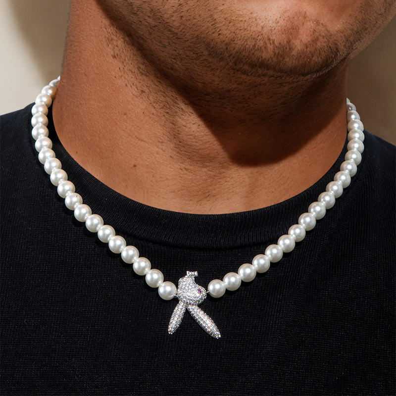 Iced Out Upside Down Bunny Pearl Necklace Gold With Street Luxury Shine