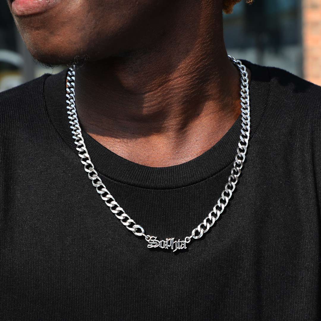 Custom Old English Name Necklace With 8mm Stainless Steel Cuban Chain Gold - Image 3