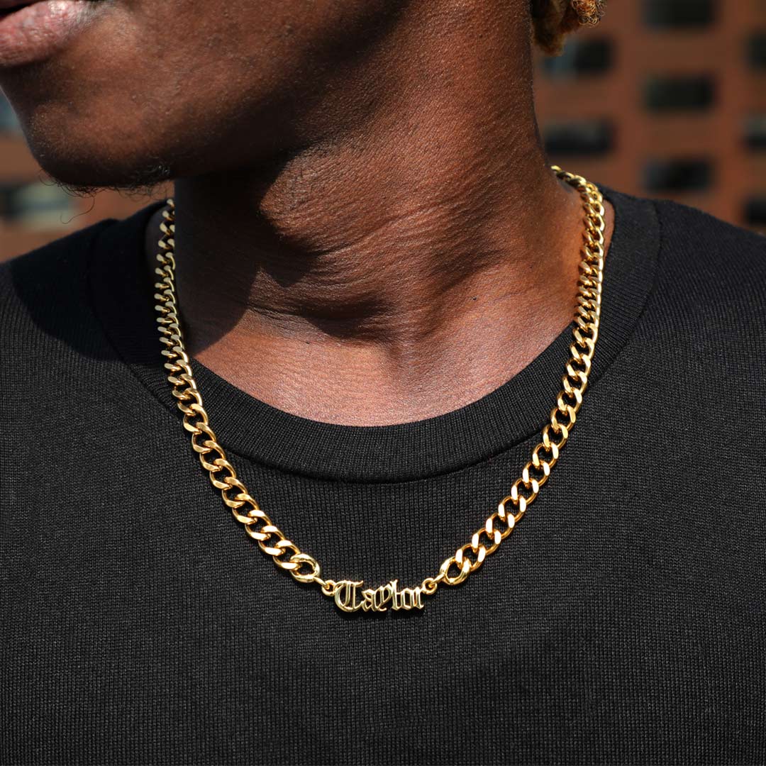 Custom Old English Name Necklace With 8mm Stainless Steel Cuban Chain Gold - Image 4