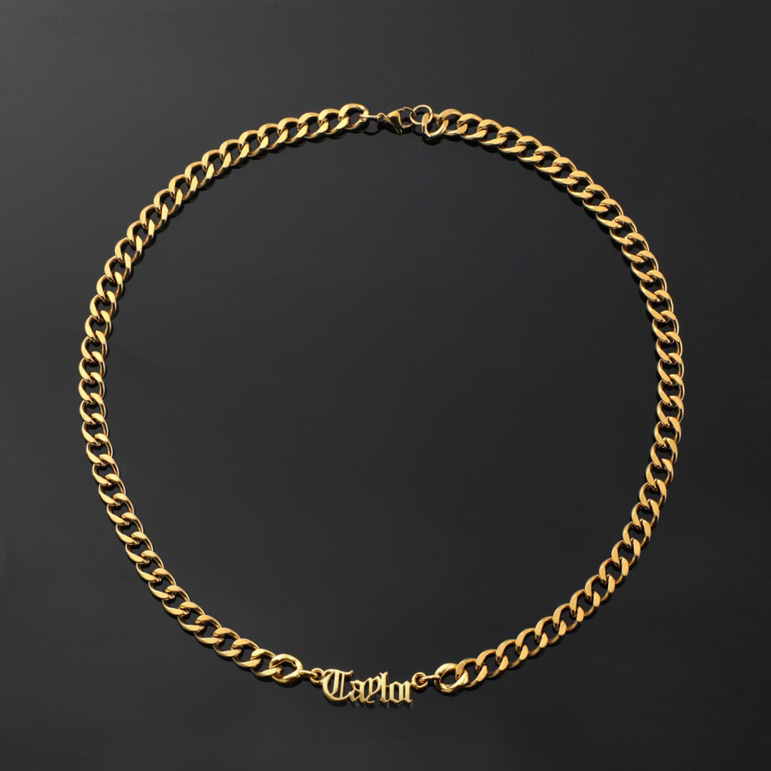 Custom Old English Name Necklace With 8mm Stainless Steel Cuban Chain Gold - Image 5