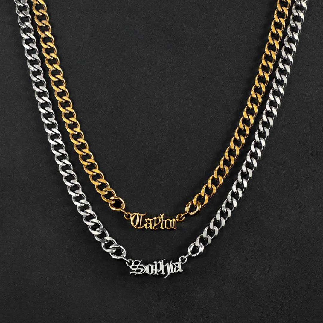 Custom Old English Name Necklace With 8mm Stainless Steel Cuban Chain Gold