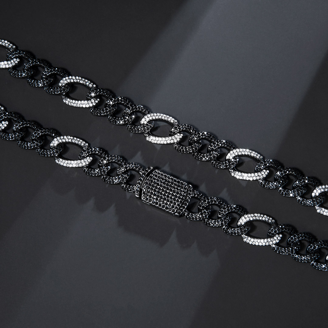 13mm White&black Iced Out Figaro Chain In Black Gold With Gold Shine - Image 3