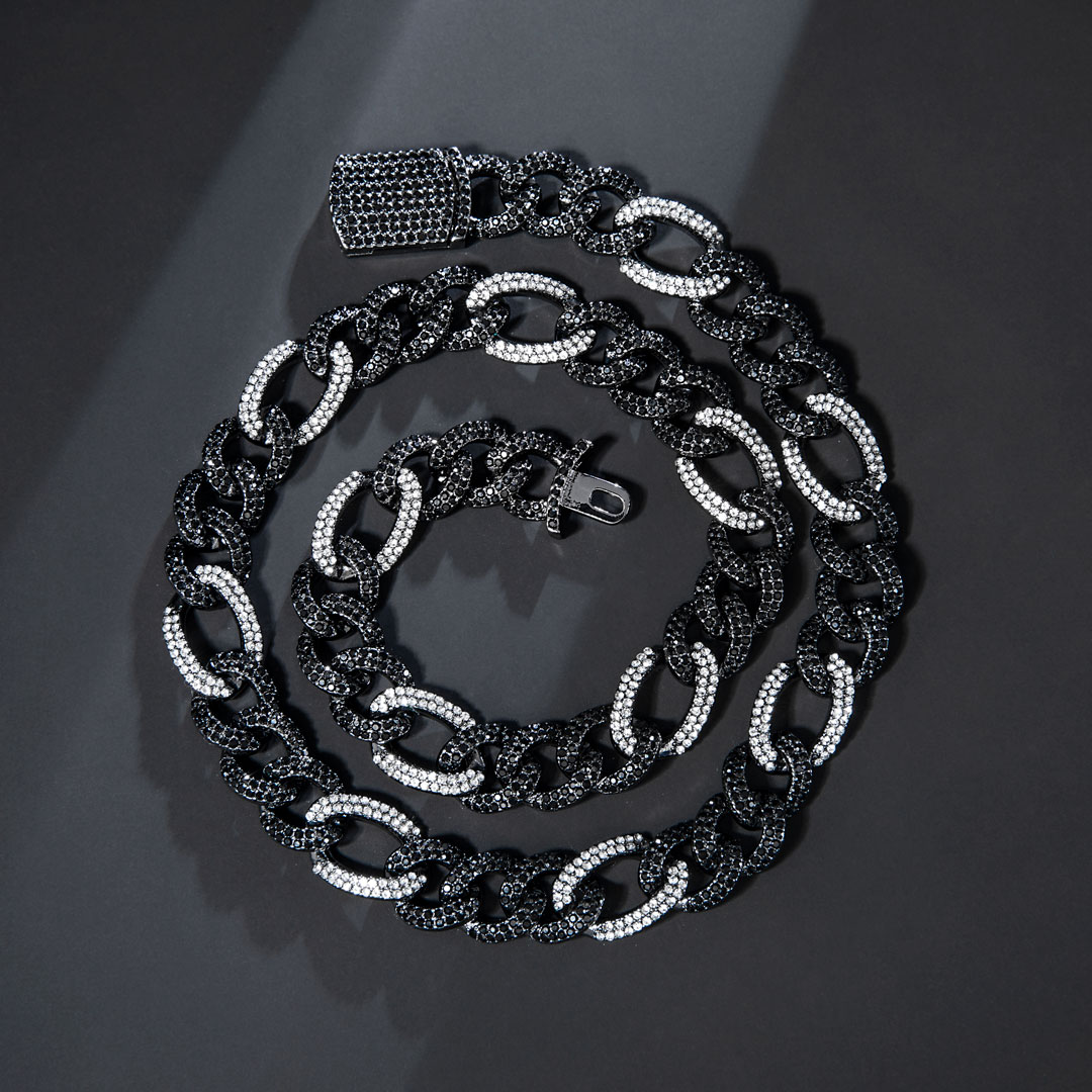 13mm White&black Iced Out Figaro Chain In Black Gold With Gold Shine - Image 4