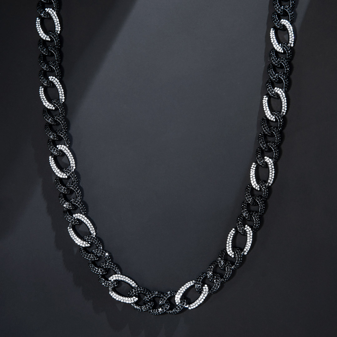 13mm White&black Iced Out Figaro Chain In Black Gold With Gold Shine