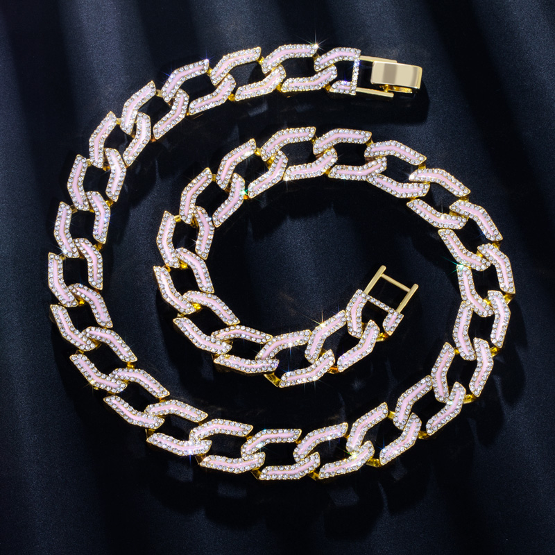 14mm Pink/blue/green Glow In The Dark Enamel Iced Out Cuban Chain Gold