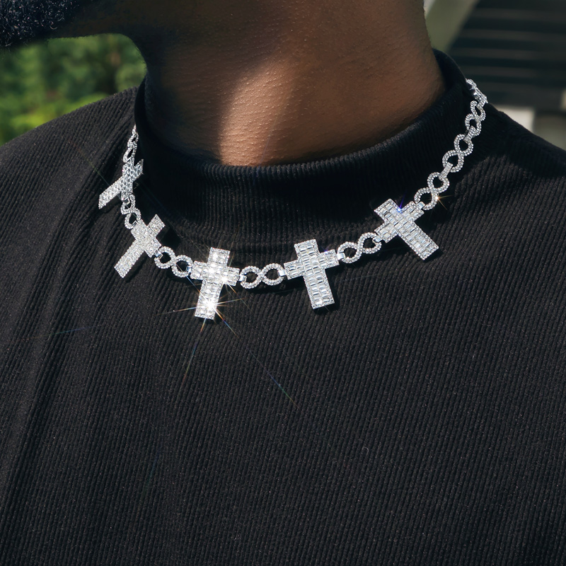 Bold 10mm Iced Out Baguette Cross Infinity Link Chain In White Gold - Image 6