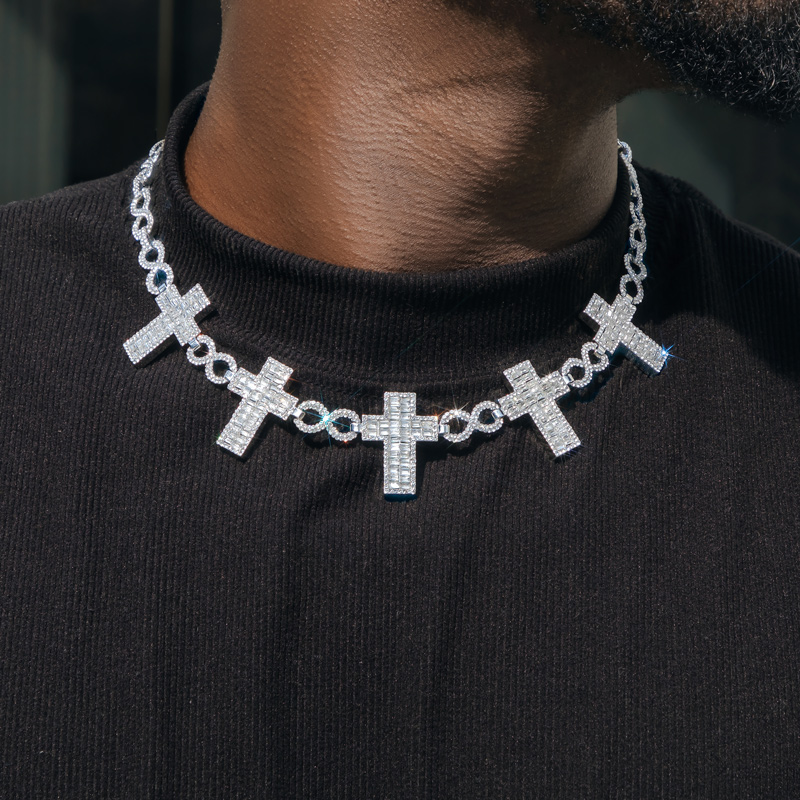 Bold 10mm Iced Out Baguette Cross Infinity Link Chain In White Gold