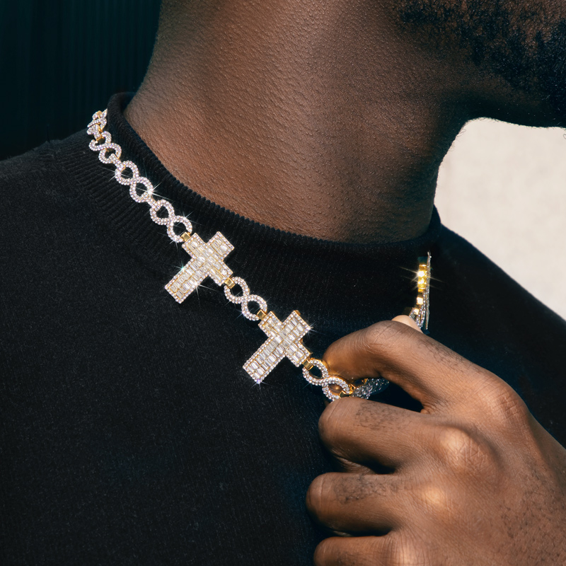 10mm Iced Out Baguette Cross Infinity Link Chain In Gold With Gold Shine - Image 3