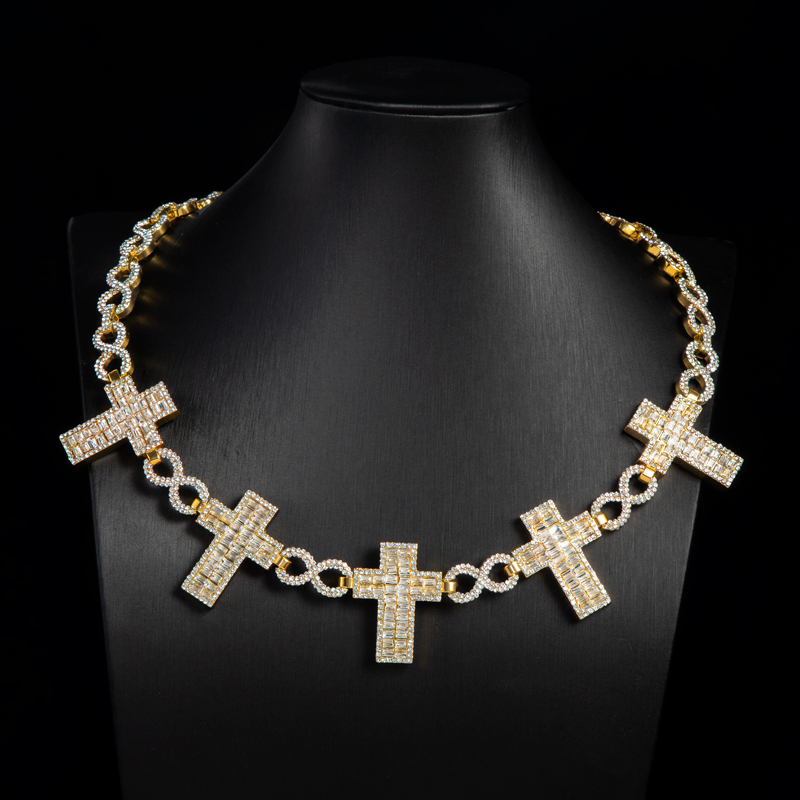 10mm Iced Out Baguette Cross Infinity Link Chain In Gold With Gold Shine - Image 4