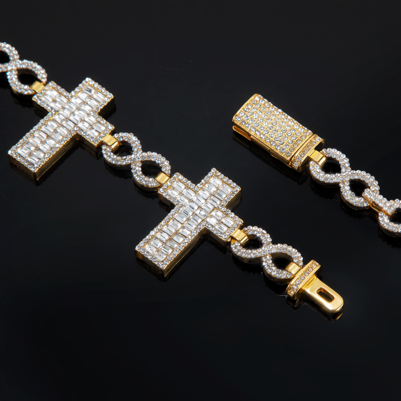 10mm Iced Out Baguette Cross Infinity Link Chain In Gold With Gold Shine - Image 5