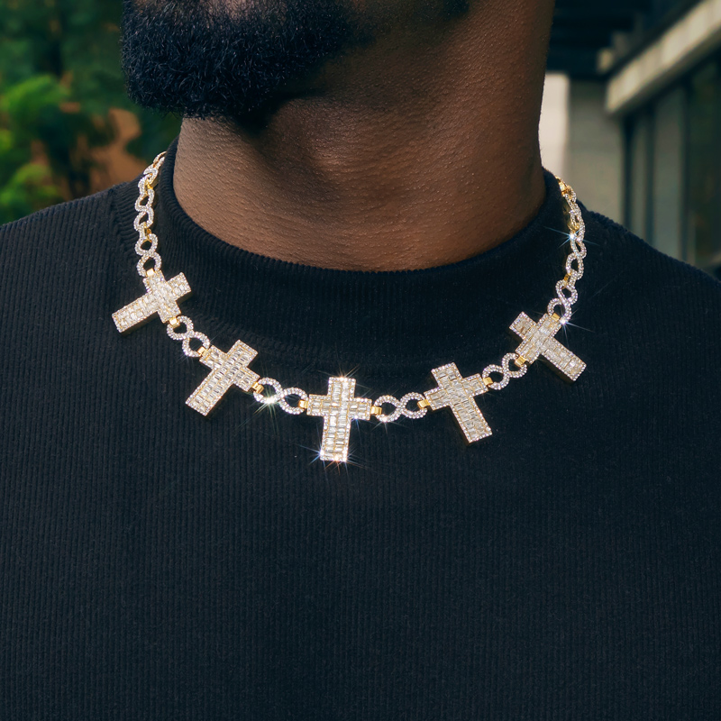 10mm Iced Out Baguette Cross Infinity Link Chain In Gold With Gold Shine