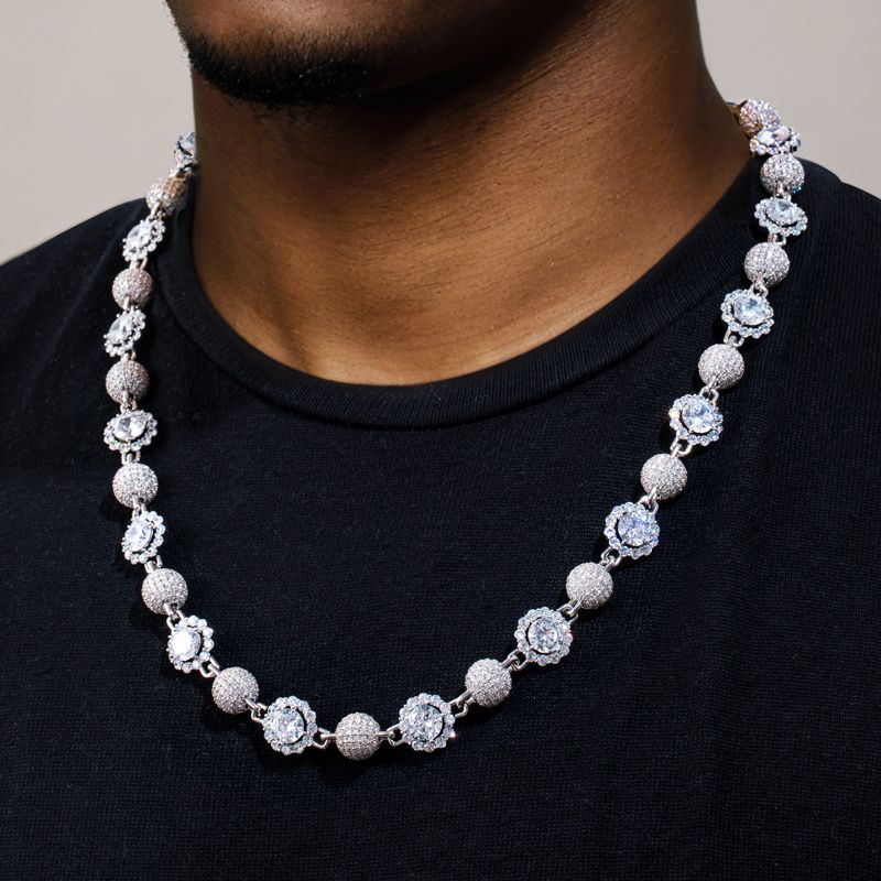 12mm 20 Full Paved Ball And Halo Mix Link Chain In White Gold Iced Out