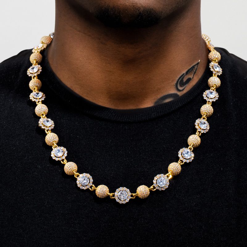 12mm 20 Iced Out Ball & Halo Diamond Link Chain In Gold With Diamond Look