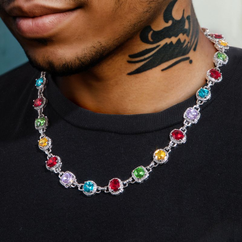 8.5mm Multi-color Diamonds Chain In White Gold With Street Luxury Shine