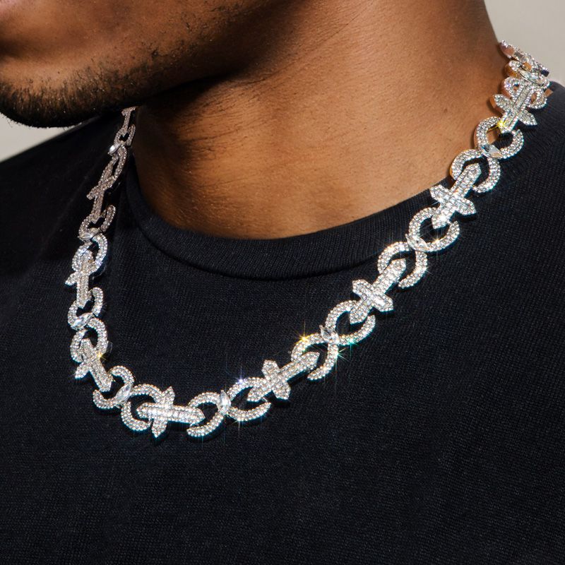 Baguette Cut Cross With Infinity Link Chain In White Gold With Gold Shine