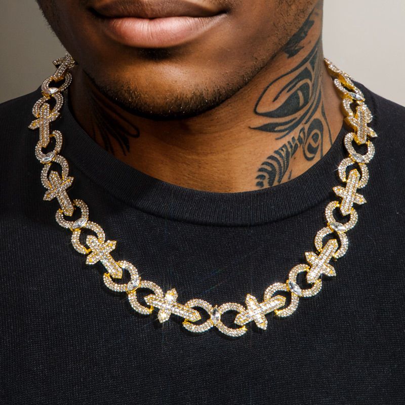 Baguette Cut Cross With Infinity Link Chain In Gold With Gold Shine