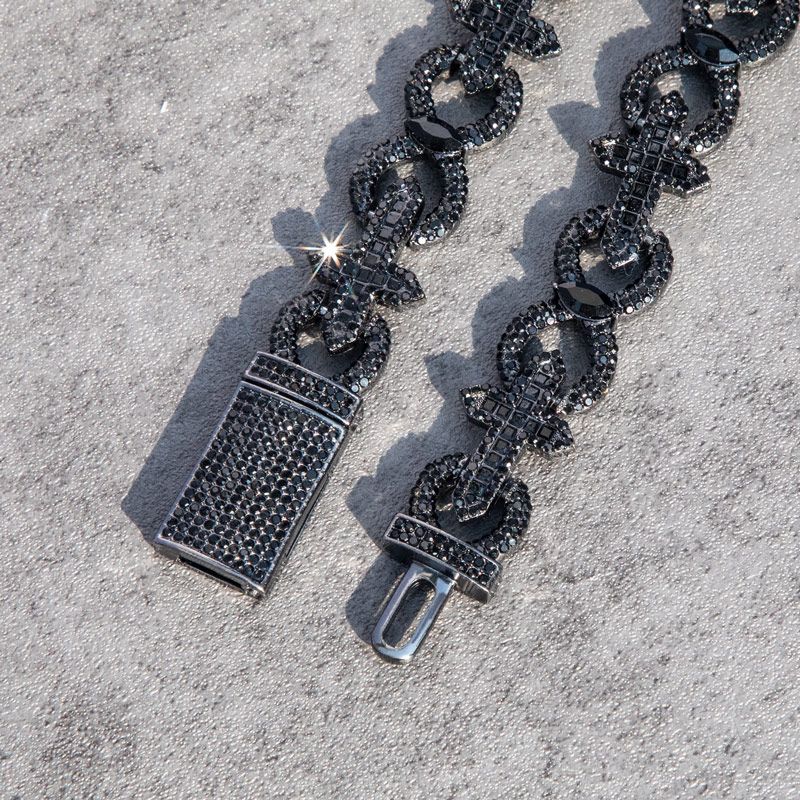 Baguette Cut Cross With Infinity Link Chain In Black Gold With Gold Shine - Image 6
