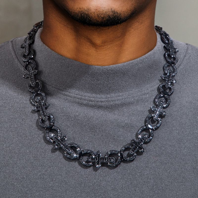 Baguette Cut Cross With Infinity Link Chain In Black Gold With Gold Shine