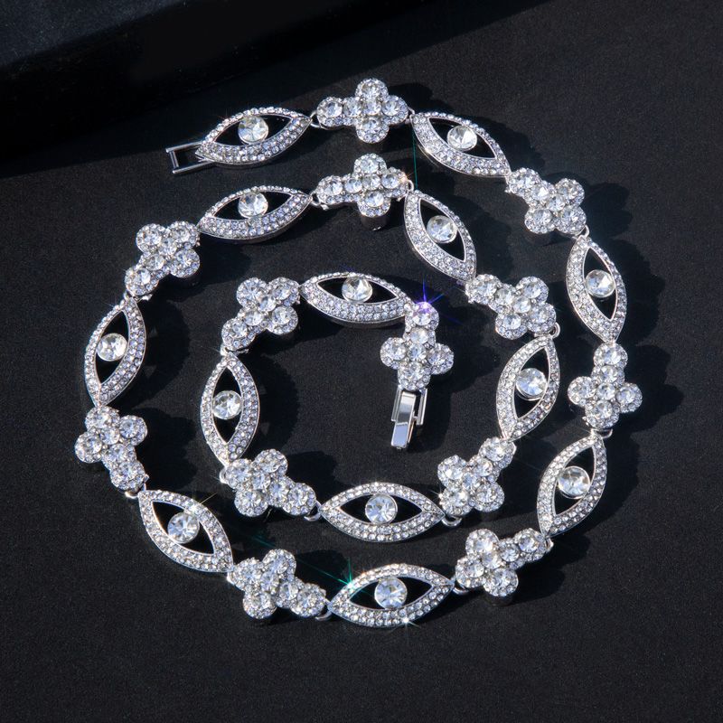 Round Diamonds Cross With Evil Eyes Chain In White Gold With Gold Shine - Image 3