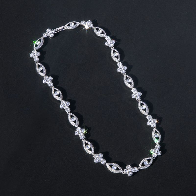 Round Diamonds Cross With Evil Eyes Chain In White Gold With Gold Shine - Image 6