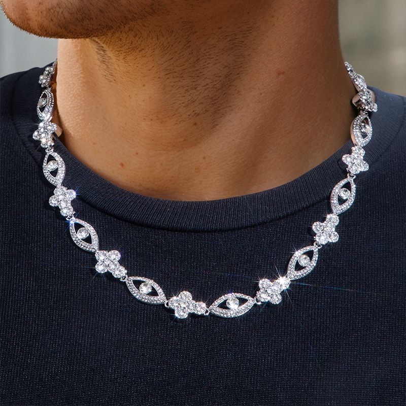 Round Diamonds Cross With Evil Eyes Chain In White Gold With Gold Shine