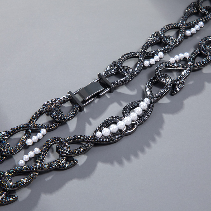 Street Luxury Iced Out 18mm 20 Thorns With Pearl Link Chain In Black Gold - Image 5