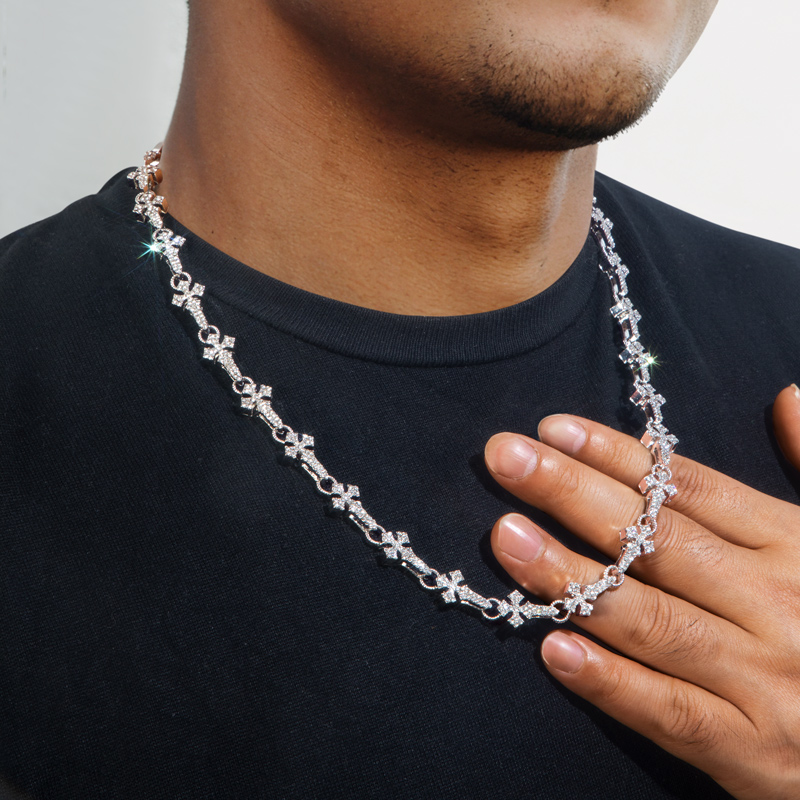 11mm 20 Micro Pave Cross Link Chain In White Gold With Gold Shine