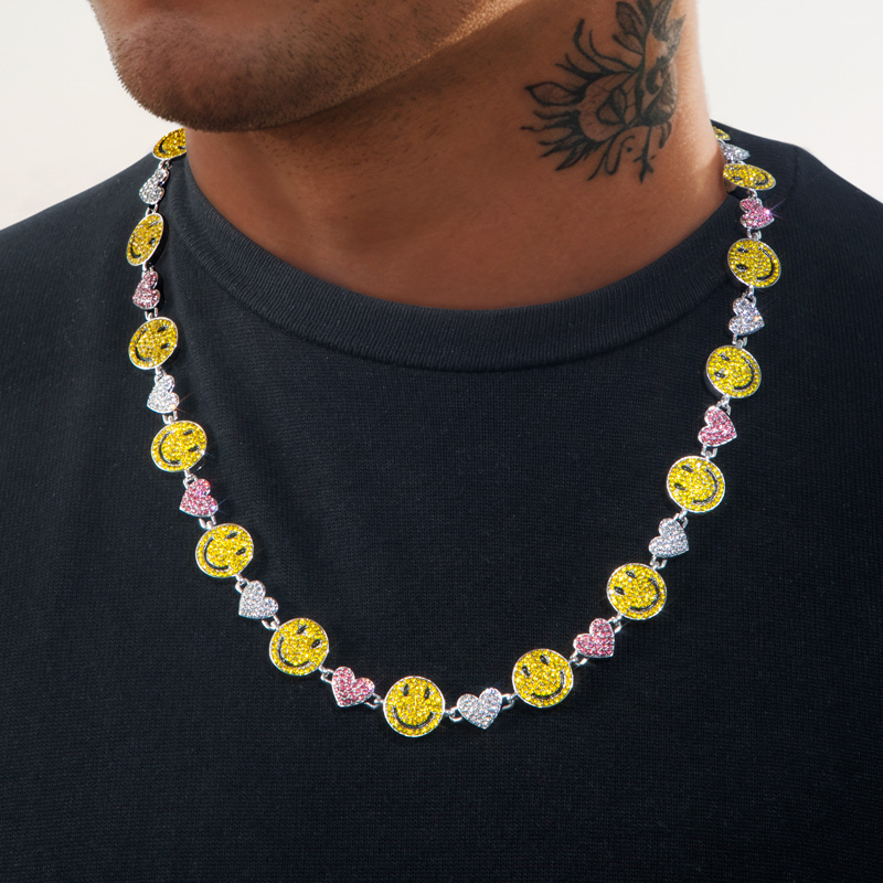 20 Smile Face & Heart Link Chain In White Gold With Street Luxury Shine