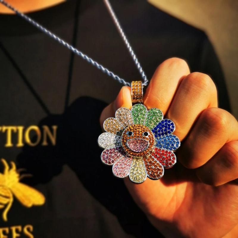 Iced Out Smile Rotating Sunflower Pendant Gold With Street Luxury Shine