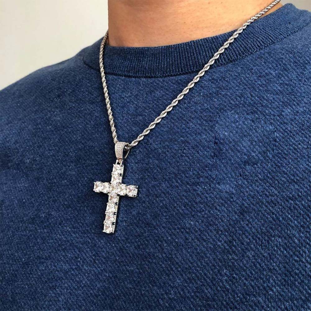 Iced Out Princess Cut Cross Pendant In White Gold Moissanite - Image 3