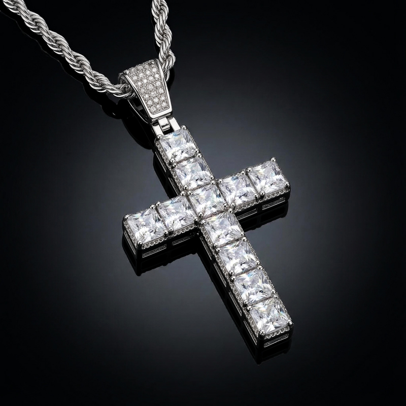 Iced Out Princess Cut Cross Pendant In White Gold Moissanite - Image 4