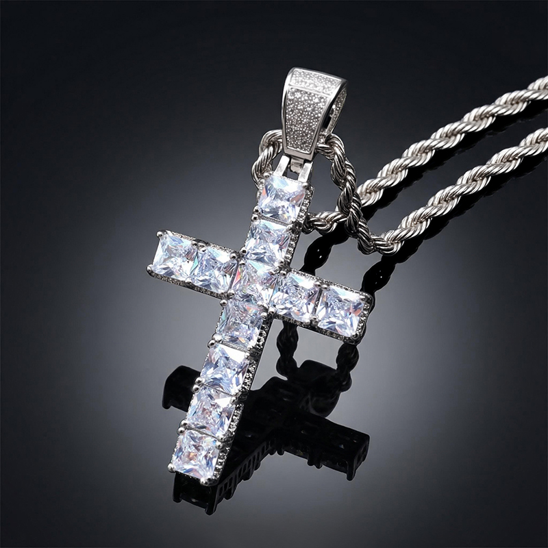 Iced Out Princess Cut Cross Pendant In White Gold Moissanite