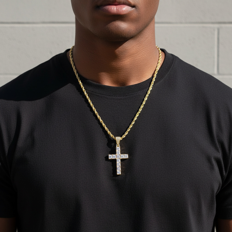 Iced Out Princess Cut Cross Pendant In Gold Silver With Street Luxury Shine - Image 3
